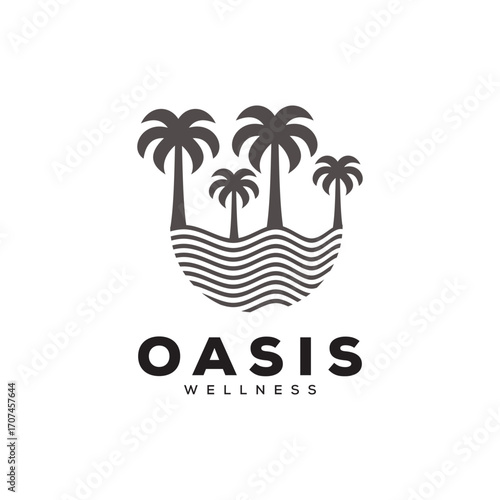 Illustration of a beautiful beach with calm palm trees and waves logo design.