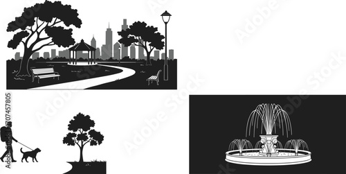 park, pathway, bench, tree, gazebo, lamp, skyline, city, walking, dog, fountain, water, outdoor, leisure, vector, black, white, landscape, urban, design