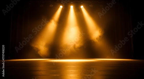 A dark stage is brightly illuminated by three golden spotlights with atmospheric smoke.