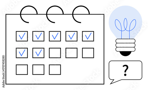 Calendar filled with checkmarks alongside a glowing bulb and question bubble. Ideal for planning, productivity, creativity, task management, brainstorming, goal setting, time management, simple flat