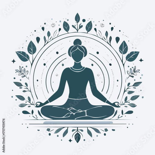 Woman meditates in lotus position surrounded by floral wreath, finding inner peace and balance in a mindful practice, creating a serene and calming atmosphere.