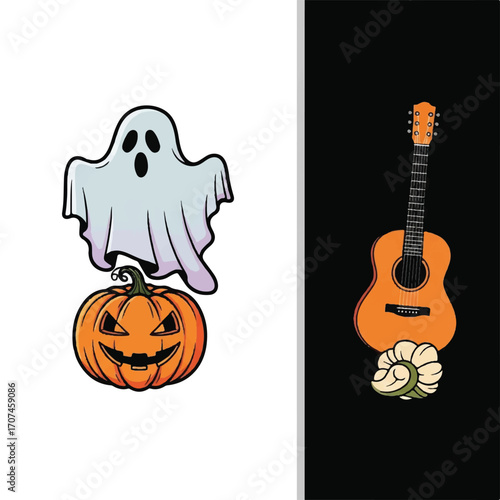 A spooky ghost hovering over a carved jack-o'-lantern, juxtaposed with an acoustic guitar resting on a decorative element against a black background.