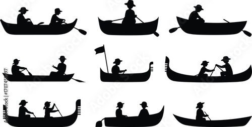 Boating silhouette set, rowboat icon, gondola figure, paddling person, watercraft scene, black vector, traditional boat, leisure activity
