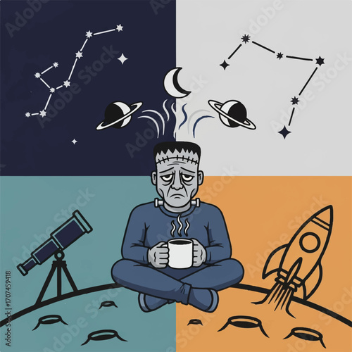Frankenstein's monster contemplates the cosmos while enjoying a warm drink on the moon.
