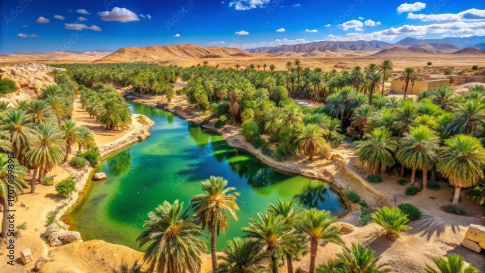 Fototapeta premium Serene Oasis Surrounded by Lush Palm Trees Under Bright Blue Sky