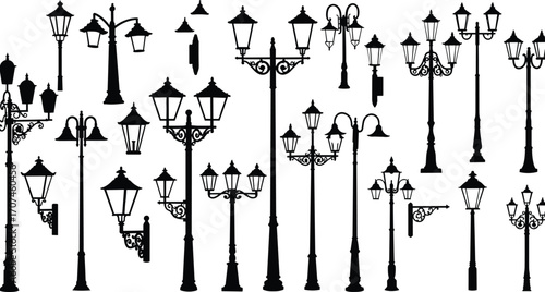 lamp, lantern, street, light, post, pole, vintage, ornate, decorative, urban, classic, vector, black, white, design, antique, illumination, city, heritage, style