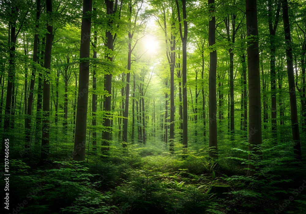Obraz premium Tranquil Woodland with Rays of Light and Fresh Greenery, Nature Background