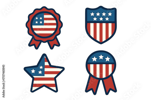 Set of American flag patriotic badges. USA emblem collection. National symbols with stars and stripes for 4th of July, Independence Day. Vector illustration honor pride icons.