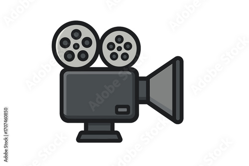 Retro film camera icon vector illustration. Vintage movie camera for cinema production. Old movie projector symbol. Filmmaking and entertainment concept. Cinematography equipment.