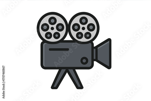 Vintage movie camera icon for cinema concept. Retro film projector on a tripod. Hollywood movie symbol. Old video production equipment. Cinematography vector illustration.