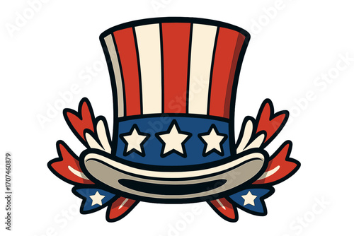 American patriotic hat icon. Uncle Sam top hat with USA flag colors. 4th of July celebration decoration with stars and stripes. National symbol vector cartoon illustration.