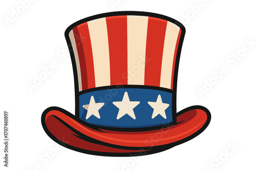 Uncle Sam hat vector icon. American patriotic symbol for 4th of July Independence Day celebration. USA flag colors with stars and stripes. Cartoon top hat illustration.