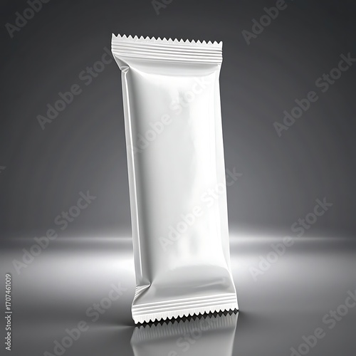 Blank white food bar packaging mockup on a reflective surface in a professional studio environment