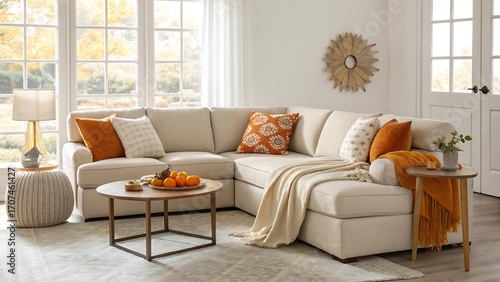 Cozy living room interior with modern sectional sofa, pillows, and autumnal decor