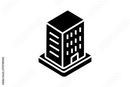 The building has a rectangular shape with multiple small windows on one side and long horizontal windows on the other, giving it the appearance of an office or apartment complex.