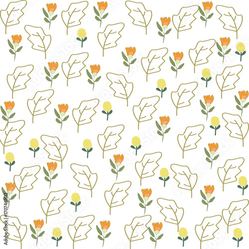 Seamless floral pattern with geometric flowers and leaves suitable for textile wallpaper and digital design.