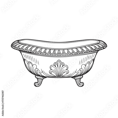 Continuous Simple black line art drawing of a bathtub in a minimalist style on a white background.
