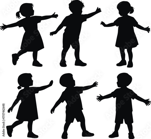 Child silhouette set, playful pose icons, standing gesture, black vector, youth movement, casual clothing, childhood activity graphic