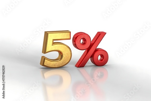 Golden five percent symbol with red percentage sign on white background