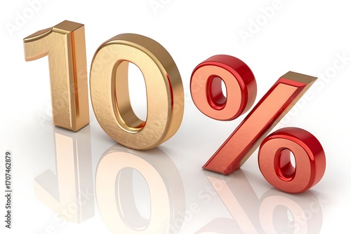 Golden and red 10 percent symbol with reflections on white background
