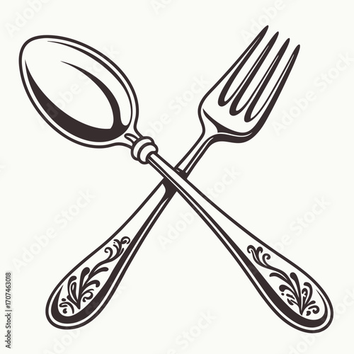 Illustration of crossed silverware fork and spoon with decorative handles kitchen utensil dining cutlery design 100 | editable eps
