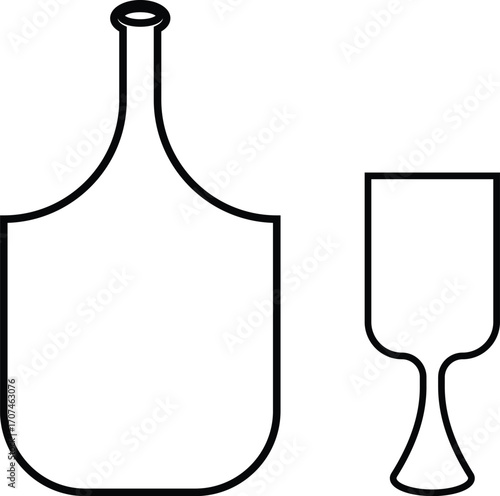 Wine bottle and glass icon set collection group in black line style, alcohol beverage liquor drink pack, bar pub celebration symbol bundle, silhouette outline illustration, isolated on transparent bac