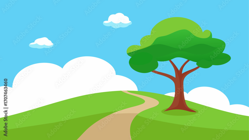 Obraz premium Cartoon landscape with tree and clouds