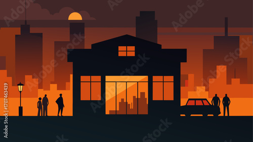 Cityscape with building and people at dusk