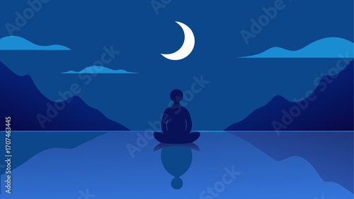 Silhouette meditating under the moonlight