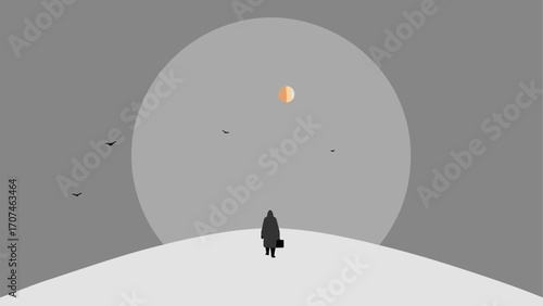 A person walking in a gray landscape art