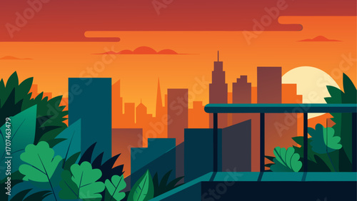 Cityscape view with sunset and vegetation