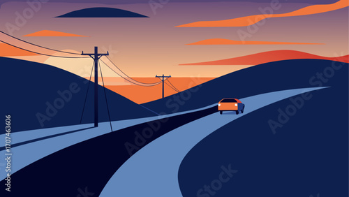 Car driving on road at sunset landscape