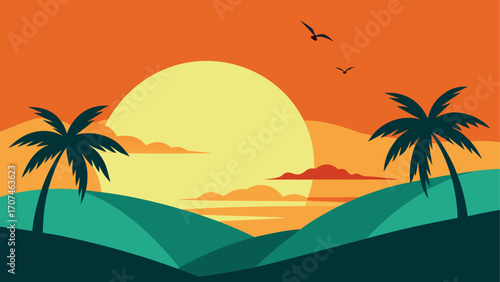 Sunset view with palms and birds flying