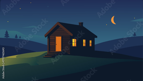 Cabin illuminated under the night sky view