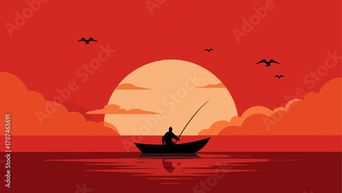 Silhouette of fisherman on boat at sunset