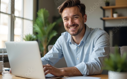 A happy businessman typing on the laptop, working from home and smiling at the camera. High quality