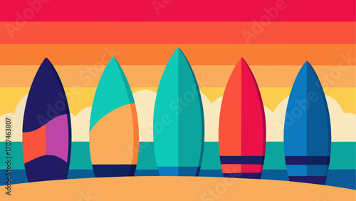 Surfboards lined up on a beach at sunset