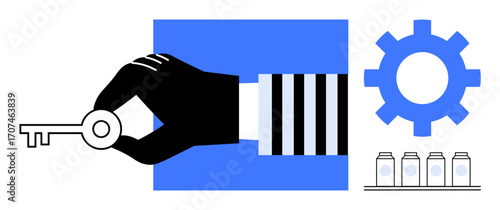 Gloved hand holding key, adjacent to gear icon and bottles on shelf. Ideal for security, strategy, organization, innovation, manufacturing, problem-solving access control. Simple flat metaphor