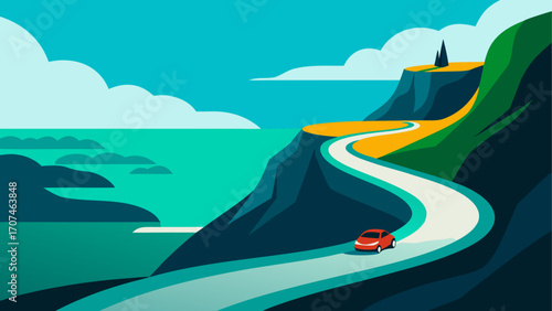 Coastal road with a car and scenic landscape