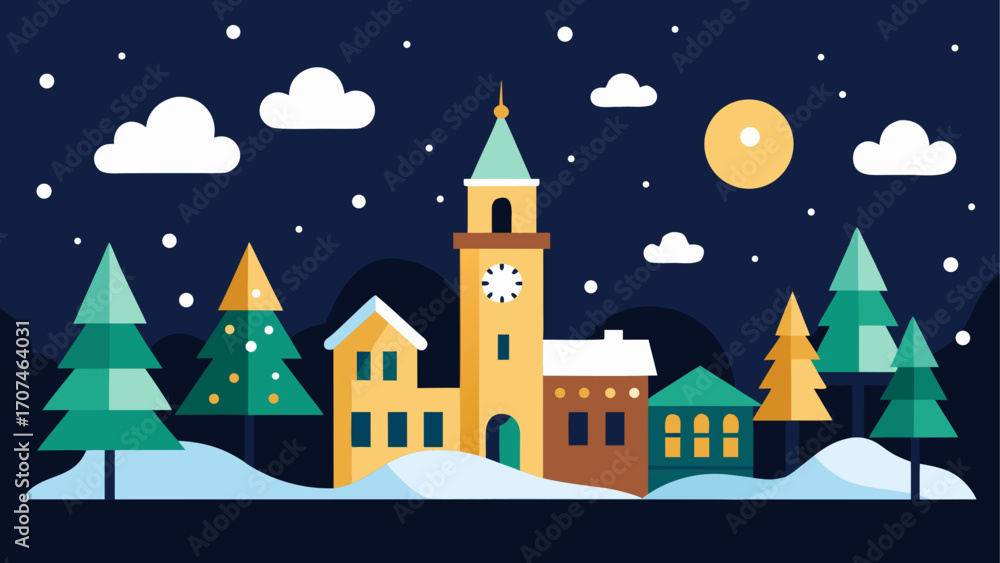 Fototapeta premium Winter town with clock tower illustration