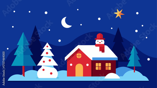 Winter night scene with house and snowman