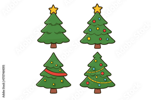 Christmas tree set vector cartoon illustration. Collection of decorated fir trees with star and ornaments. Xmas holiday modern flat design. Winter New Year celebration icon.