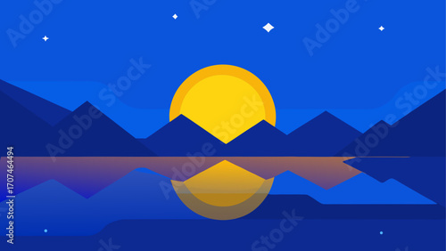 Sunset reflected on water with mountains