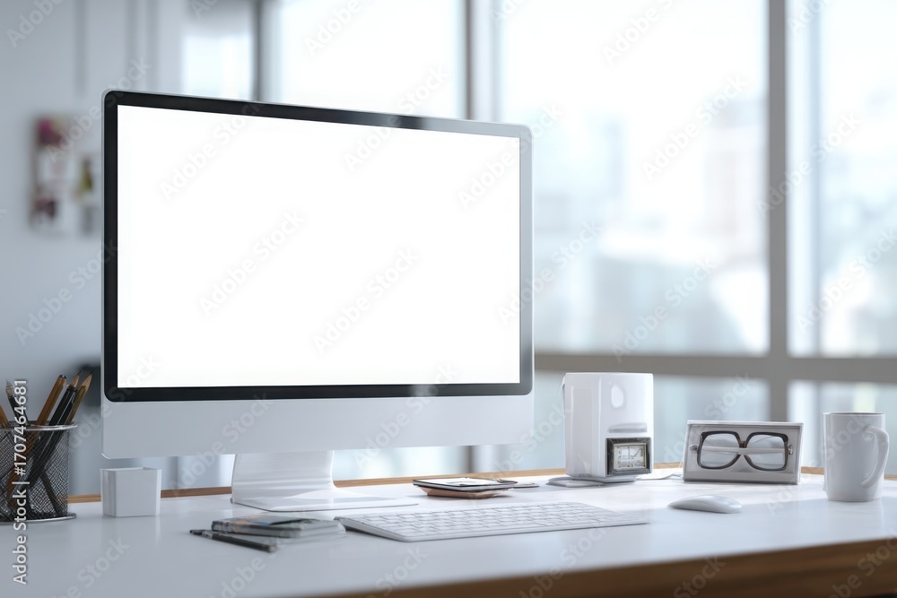 Fototapeta premium blurred background of a modern office interior with a white desk and computer monitor mockup, a minimalist work space for a graphic designer or web developer, with copy space.