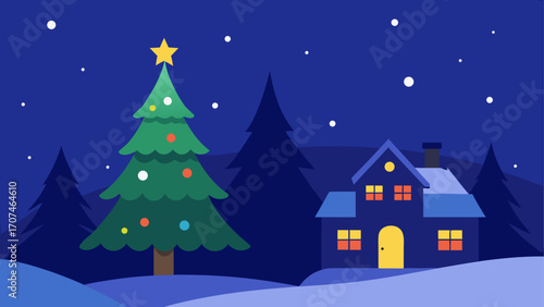 Christmas tree and house in winter night