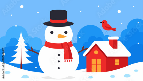 Snowman and house in a winter landscape