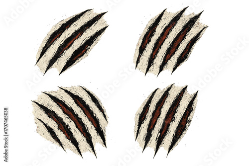 Claw scratches set. Monster claw marks. Animal attack slash. Tiger or bear paws. Ripped paper texture. Grunge, horror style vector illustration. Damage, tear effect.