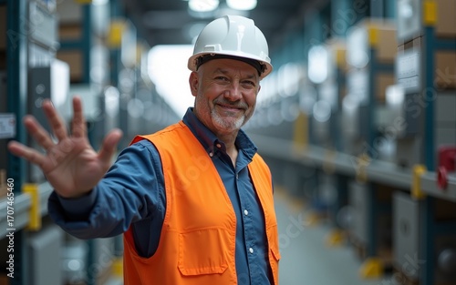 Portrait of senior industry worker standing in facility and gesturing okay at the camera. High quality
