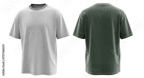 Two T-Shirts: Front View in Gray Back View in Green.
