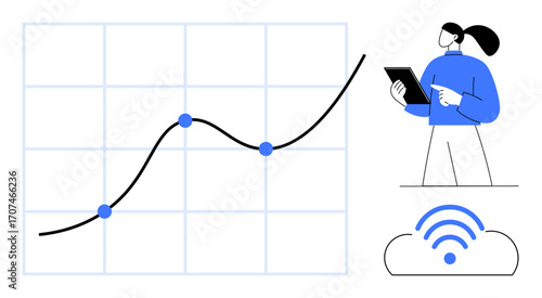 Woman with tablet examining rising graph on grid. Cloud with wireless signal below. Ideal for analytics, statistics, business growth, cloud computing, data visualization, strategy, simple landing